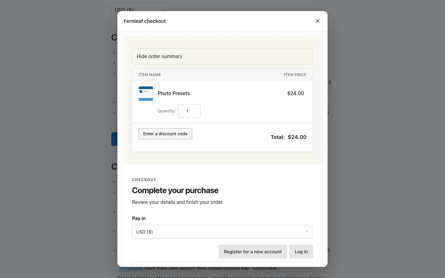 An Easy Digital Downloads checkout open in a Stackless for EDD modal with a custom heading and the order summary on top of the page.