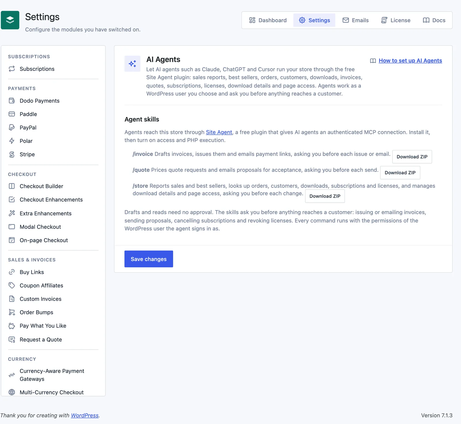 Stackless → Settings → AI Agents in Stackless for EDD, showing the Site Agent status message and the /invoice, /quote and /store skills with Download ZIP buttons