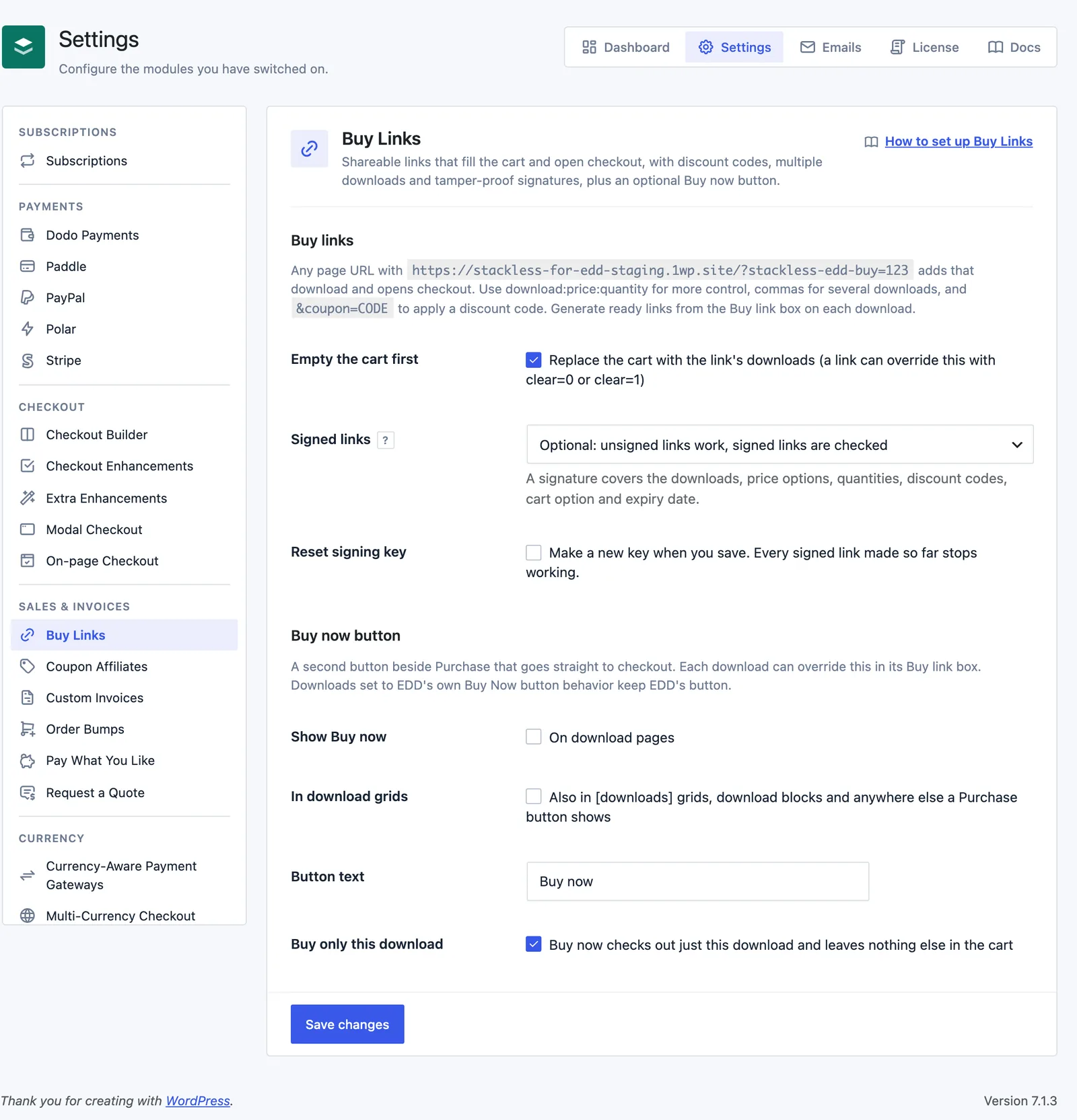 Stackless for EDD Buy Links settings with Empty the cart first, Signed links, Reset signing key and the Buy now button options