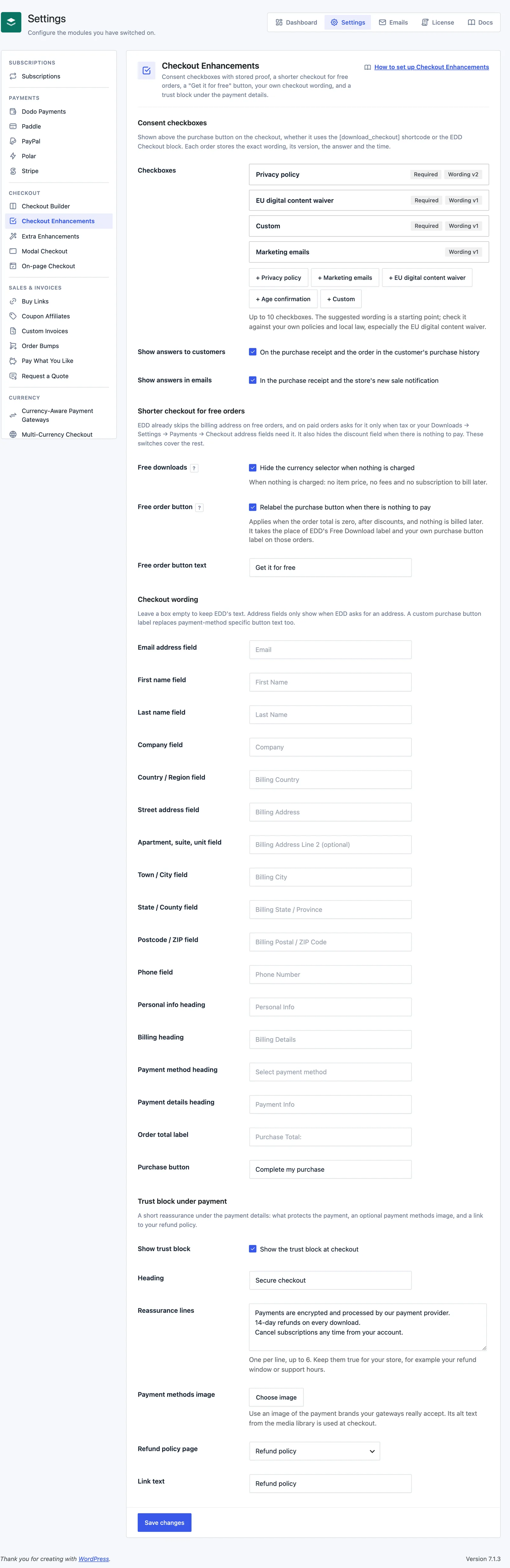 Stackless for EDD Checkout Enhancements settings with four consent checkboxes, the free order switches, the Checkout wording fields and the trust block options