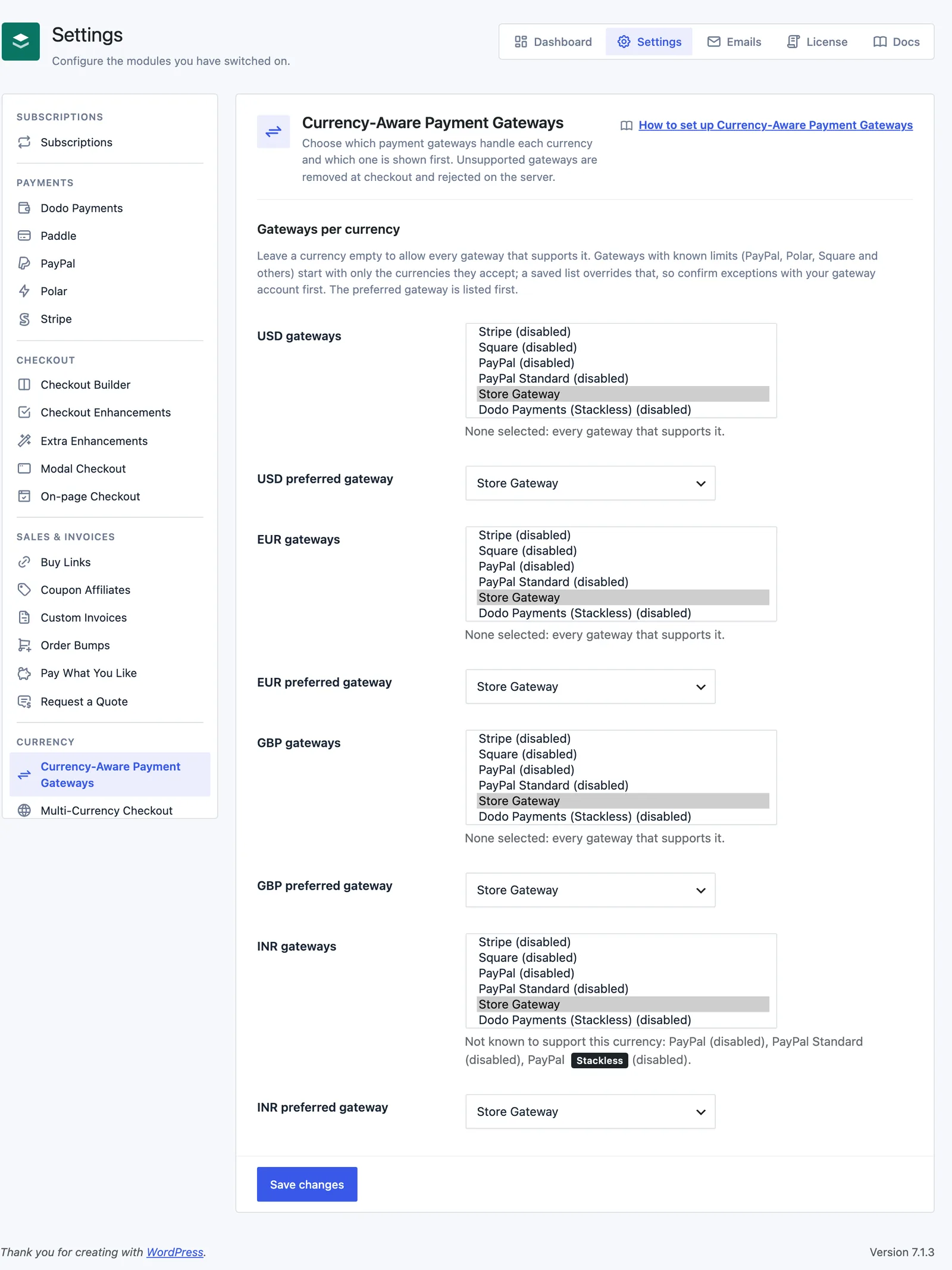 Stackless for EDD Currency-Aware Payment Gateways settings with gateway lists and preferred gateways for USD, EUR, GBP and INR, and a note that PayPal is not known to support INR