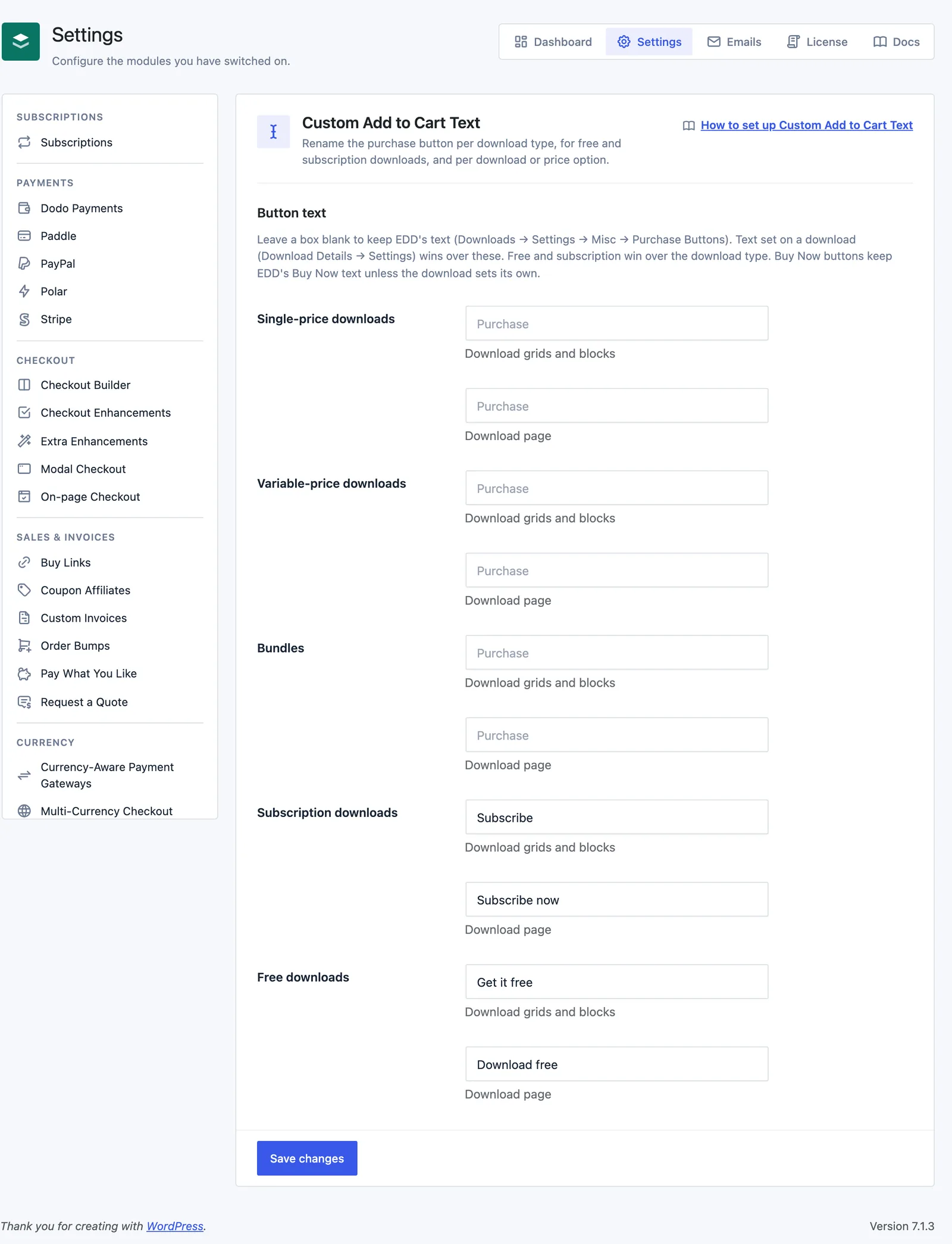 Custom Add to Cart Text settings in Stackless for EDD with grid and download page boxes for each download type, Subscribe for subscription downloads and Get it free for free downloads.