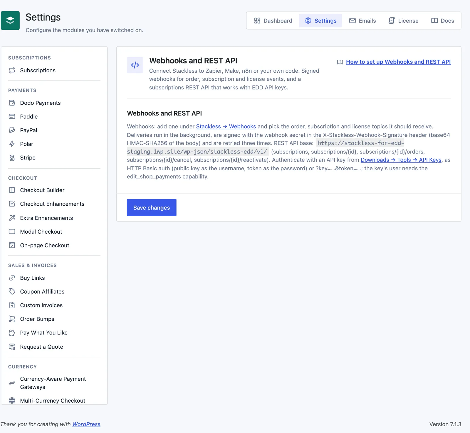 Stackless → Settings → Webhooks and REST API in Stackless for EDD, showing the signature header, the REST API base address and a link to Downloads → Tools → API Keys