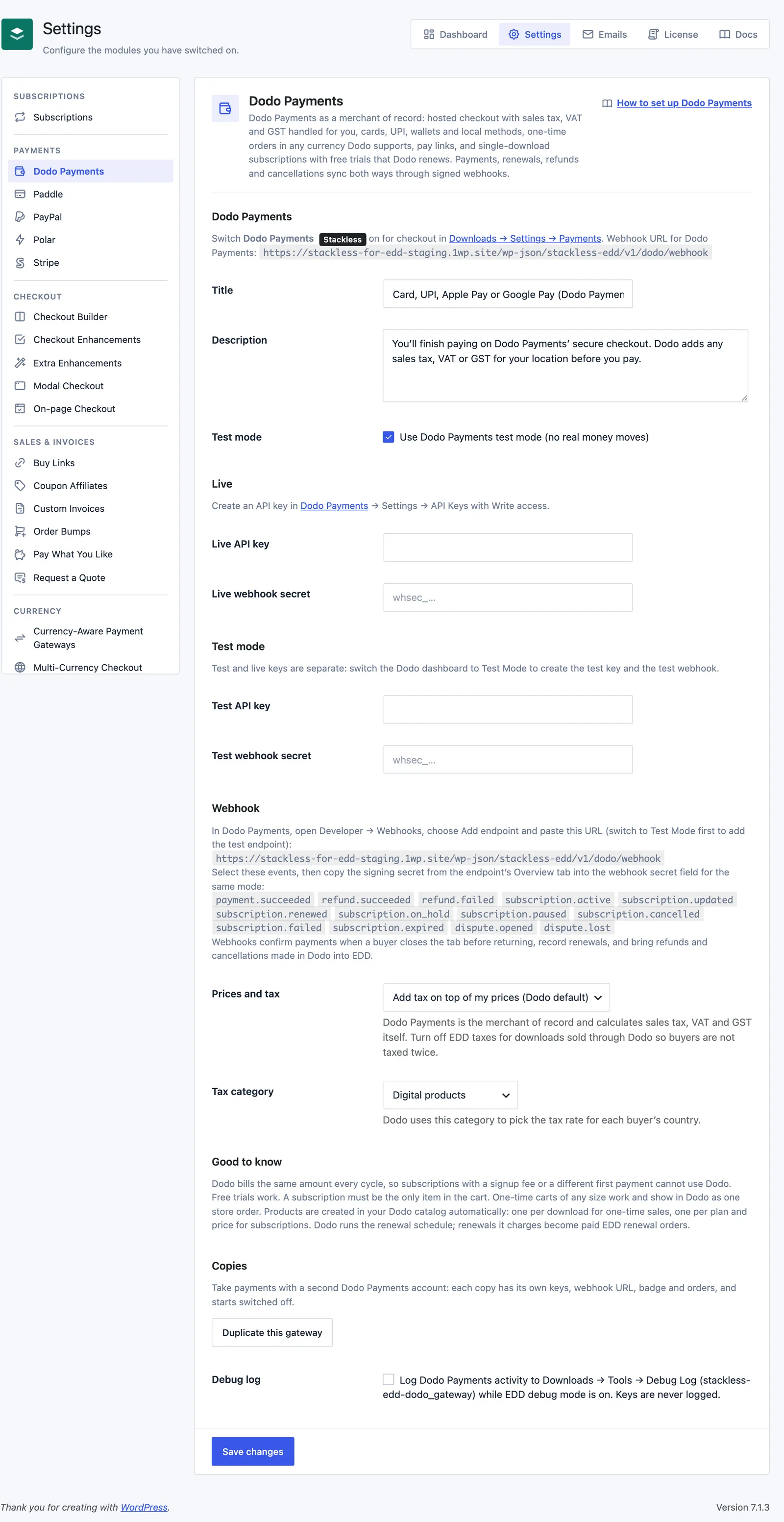 The Dodo Payments settings screen in Stackless for EDD with test mode, live and test keys, webhook events, tax settings and the Copies section.