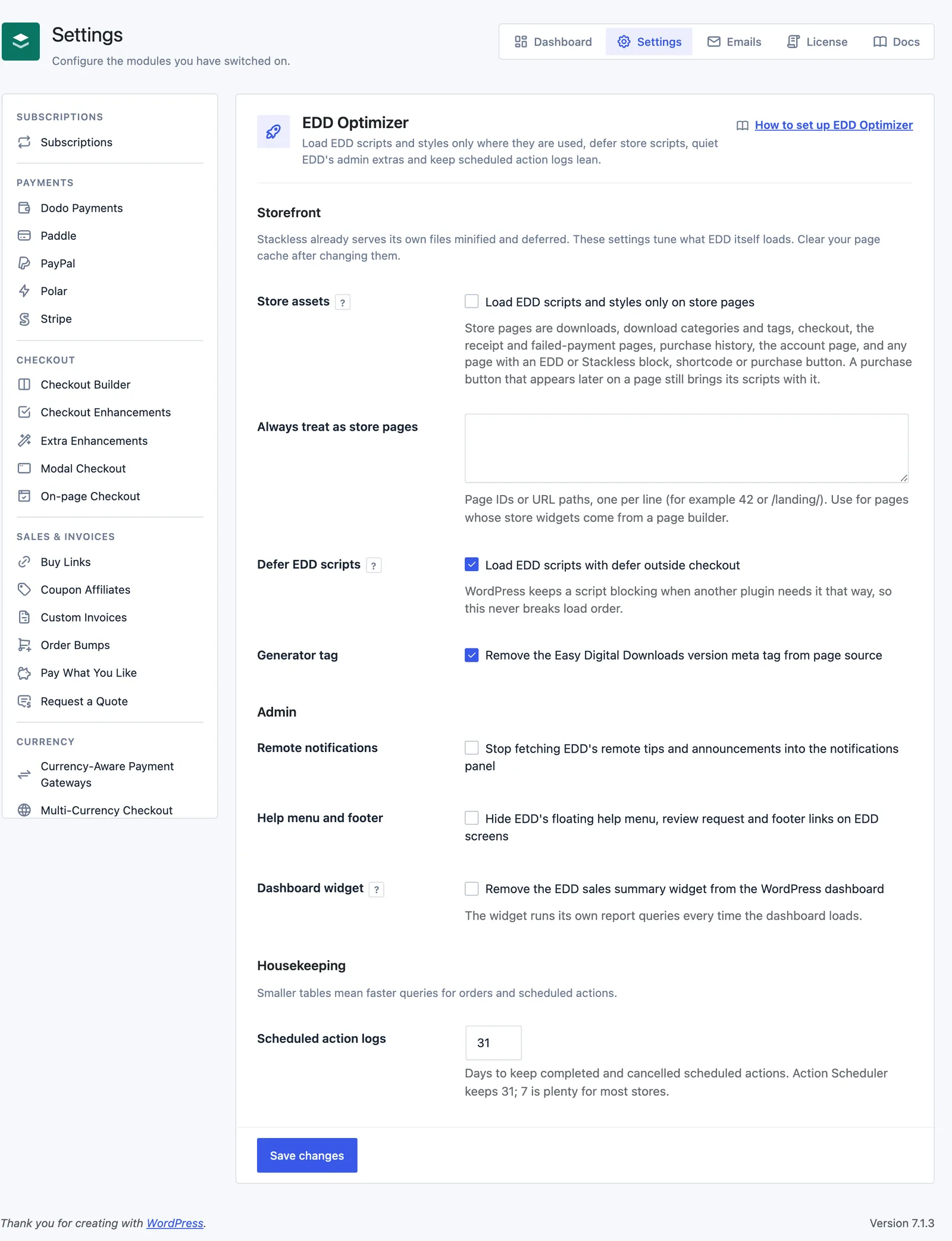 Stackless → Settings → EDD Optimizer in Stackless for EDD, with Store assets off, Defer EDD scripts and Generator tag on, the admin options off and Scheduled action logs set to 31