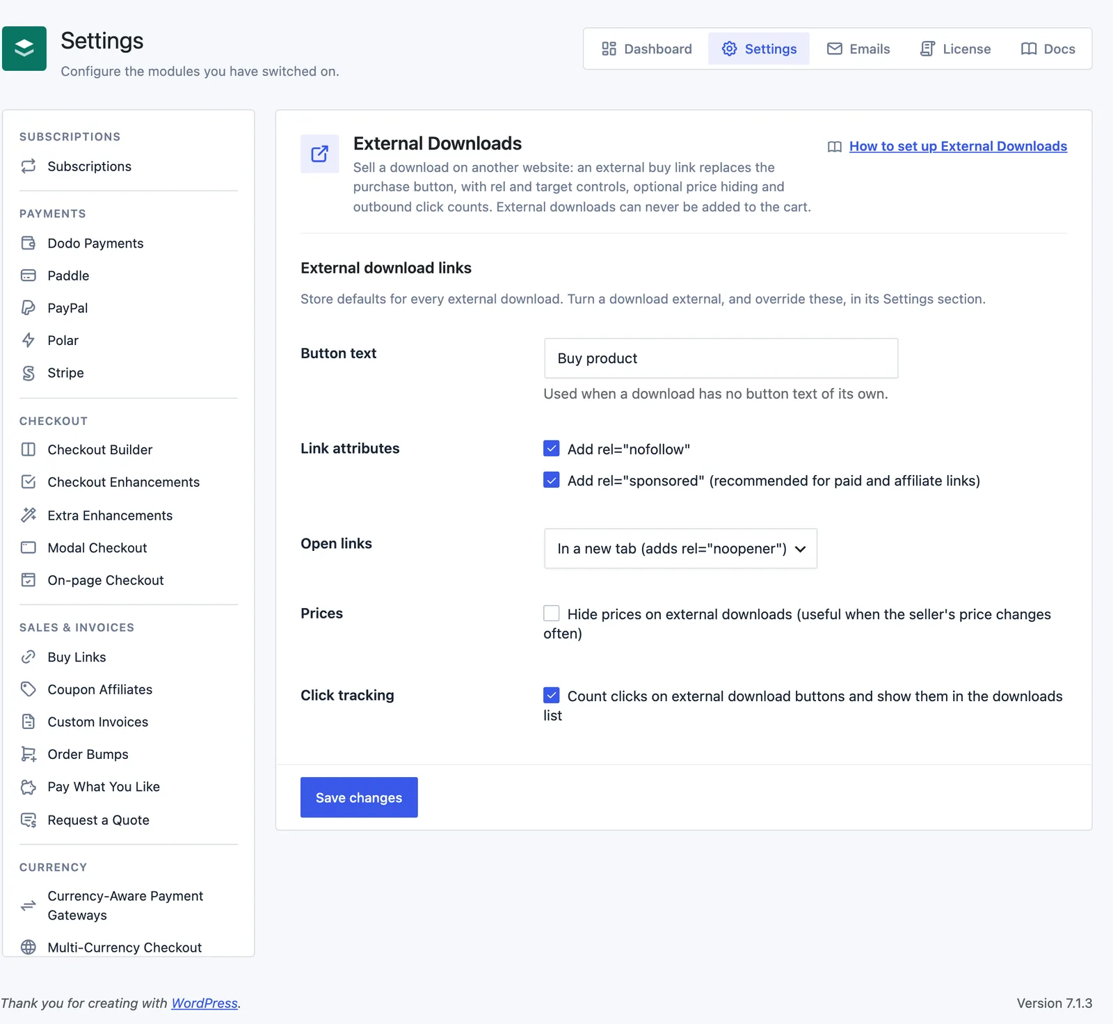 External Downloads settings in Stackless for EDD with Button text set to Buy product, both rel attributes ticked, links opening in a new tab and click tracking on.