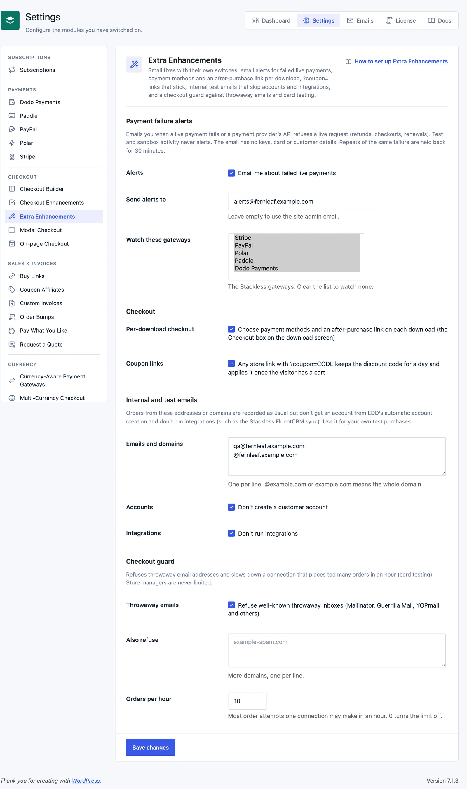 The Extra Enhancements settings screen in Stackless for EDD with payment failure alerts, checkout, internal email and checkout guard options.
