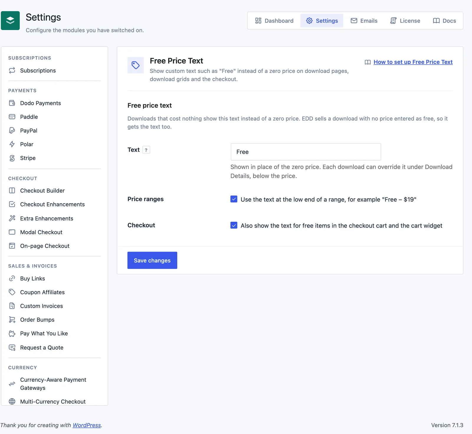 Free Price Text settings in Stackless for EDD with the Text box set to Free and the Price ranges and Checkout boxes ticked.