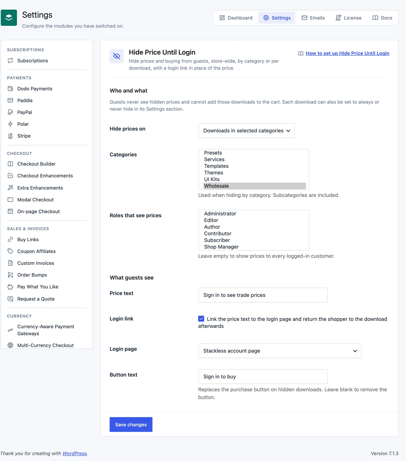 Hide Price Until Login settings in Stackless for EDD set to hide downloads in the Wholesale category, with Stackless account page as the login page and "Sign in to buy" as the button text.