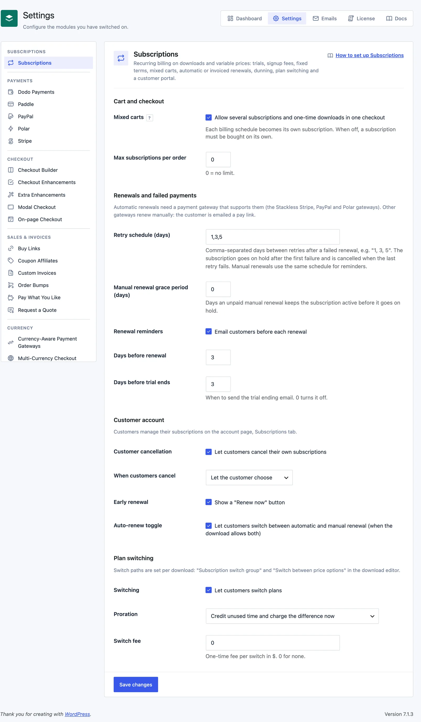 The Stackless for EDD Settings screen with the module sidebar grouped by Subscriptions, Payments, Checkout, Sales and invoices and Currency, and the Subscriptions settings open with retry schedule, renewal reminder and plan switching options.