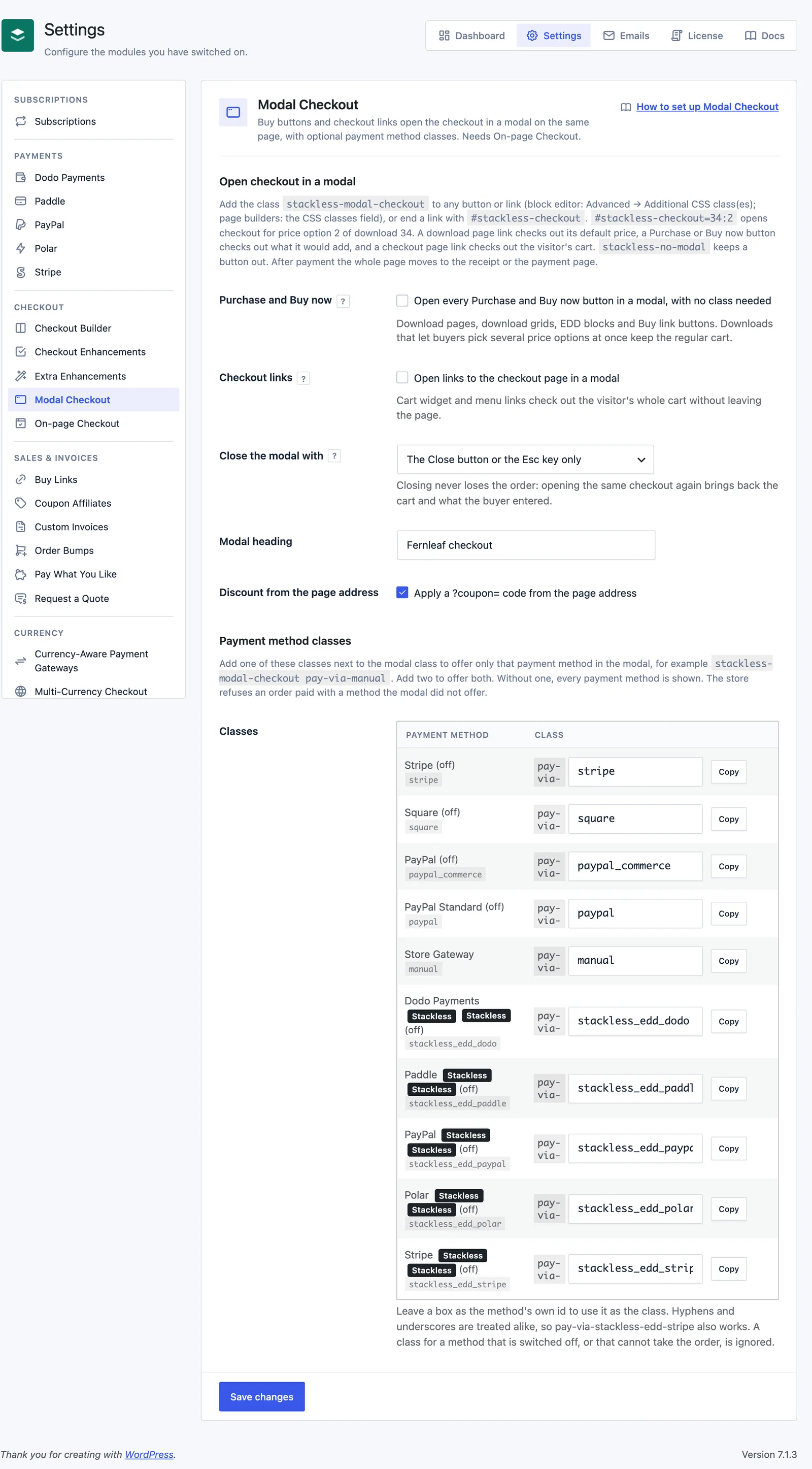 The Modal Checkout settings screen in Stackless for EDD, with the trigger options and the Payment method classes table.