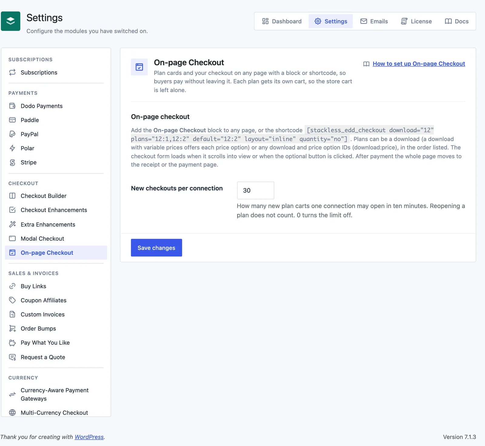 The On-page Checkout settings screen in Stackless for EDD with the shortcode example and the New checkouts per connection field set to 30.