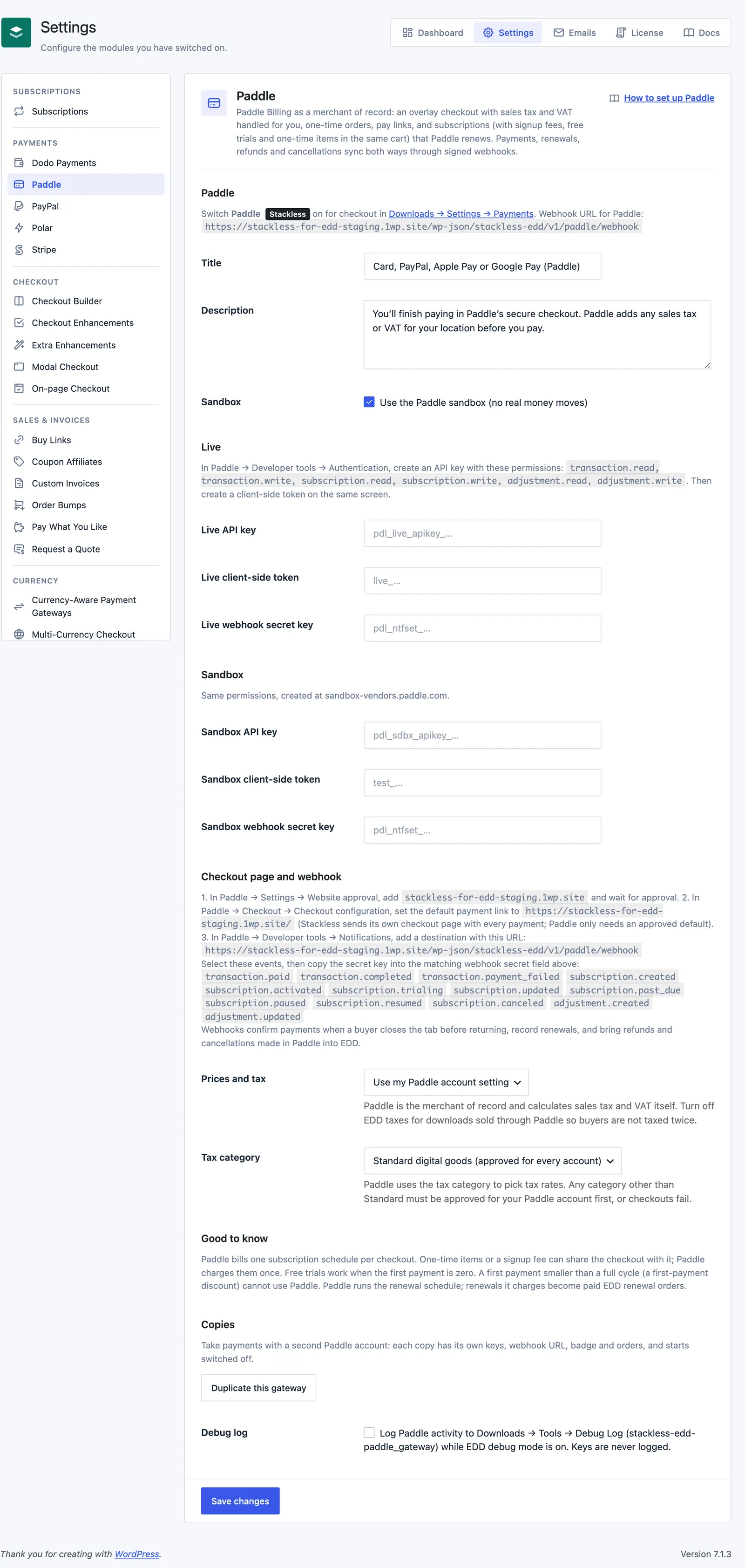 The Paddle settings screen in Stackless for EDD with live and sandbox keys, checkout page and webhook steps, tax settings and the Copies section.