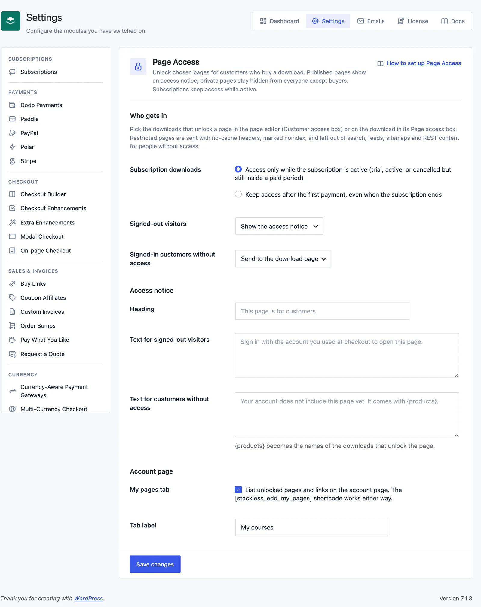 Stackless for EDD Page Access settings with subscription access, signed-out and signed-in actions, access notice fields and a My pages tab renamed to My courses