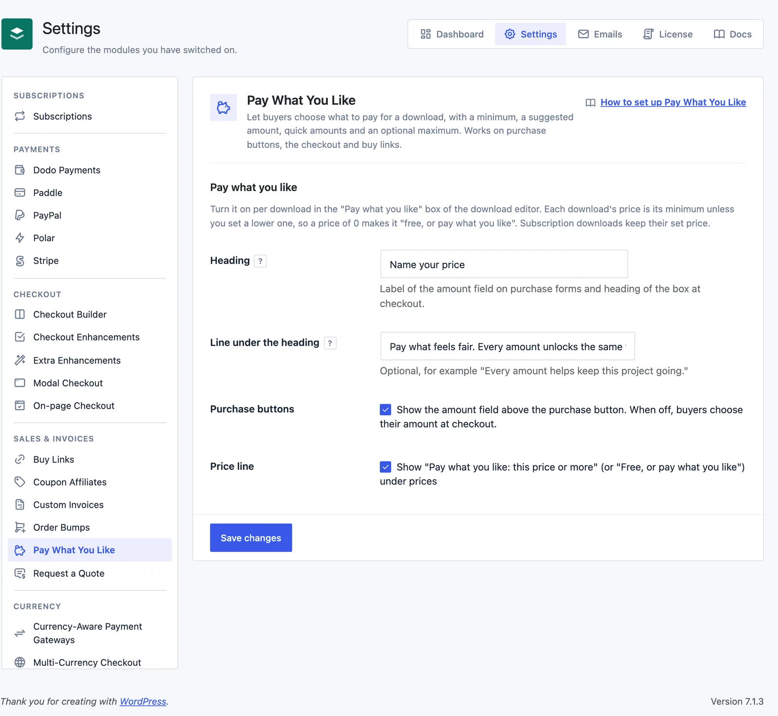 The Pay What You Like settings screen in Stackless for EDD with the Heading, Line under the heading, Purchase buttons and Price line options.