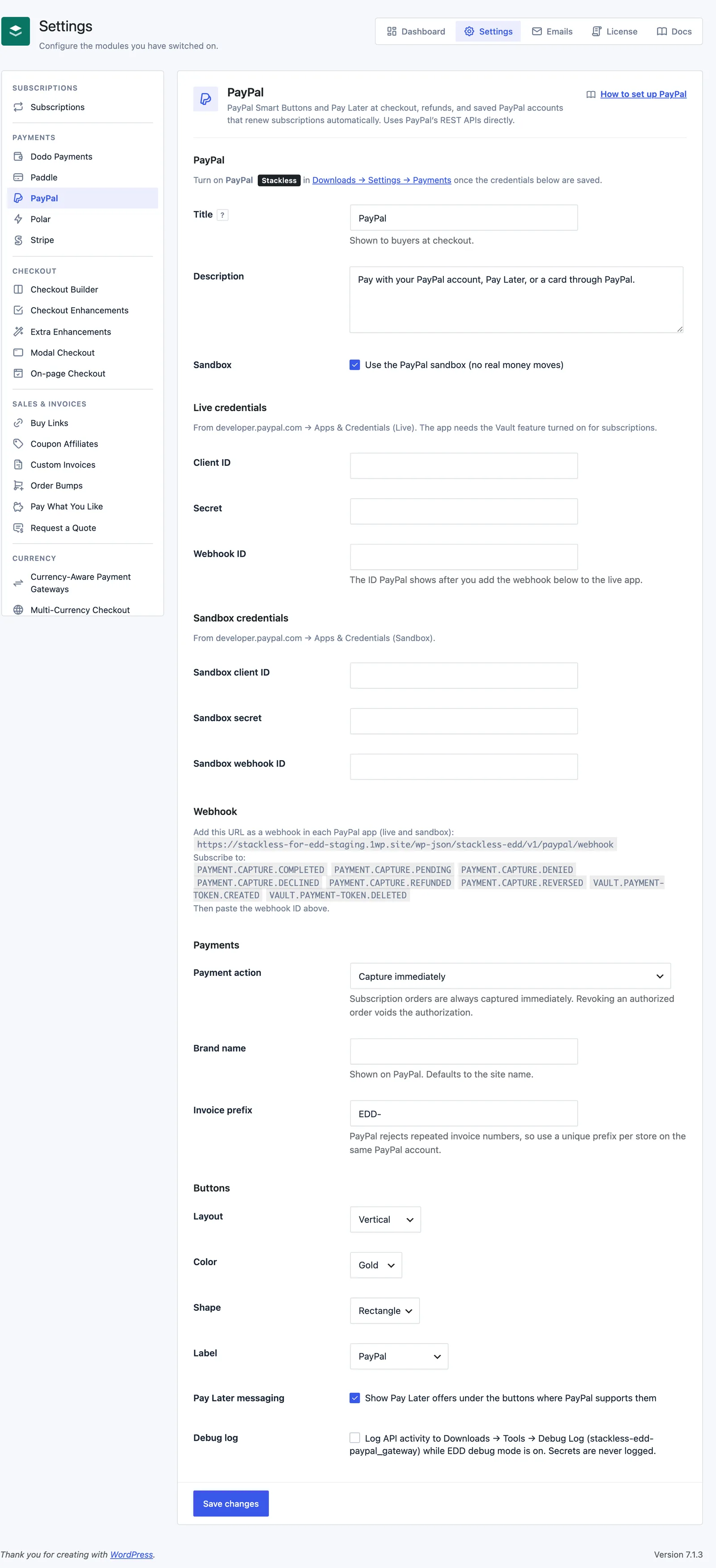 The PayPal settings screen in Stackless for EDD with live and sandbox credentials, the webhook URL and events, payment options and button styles.