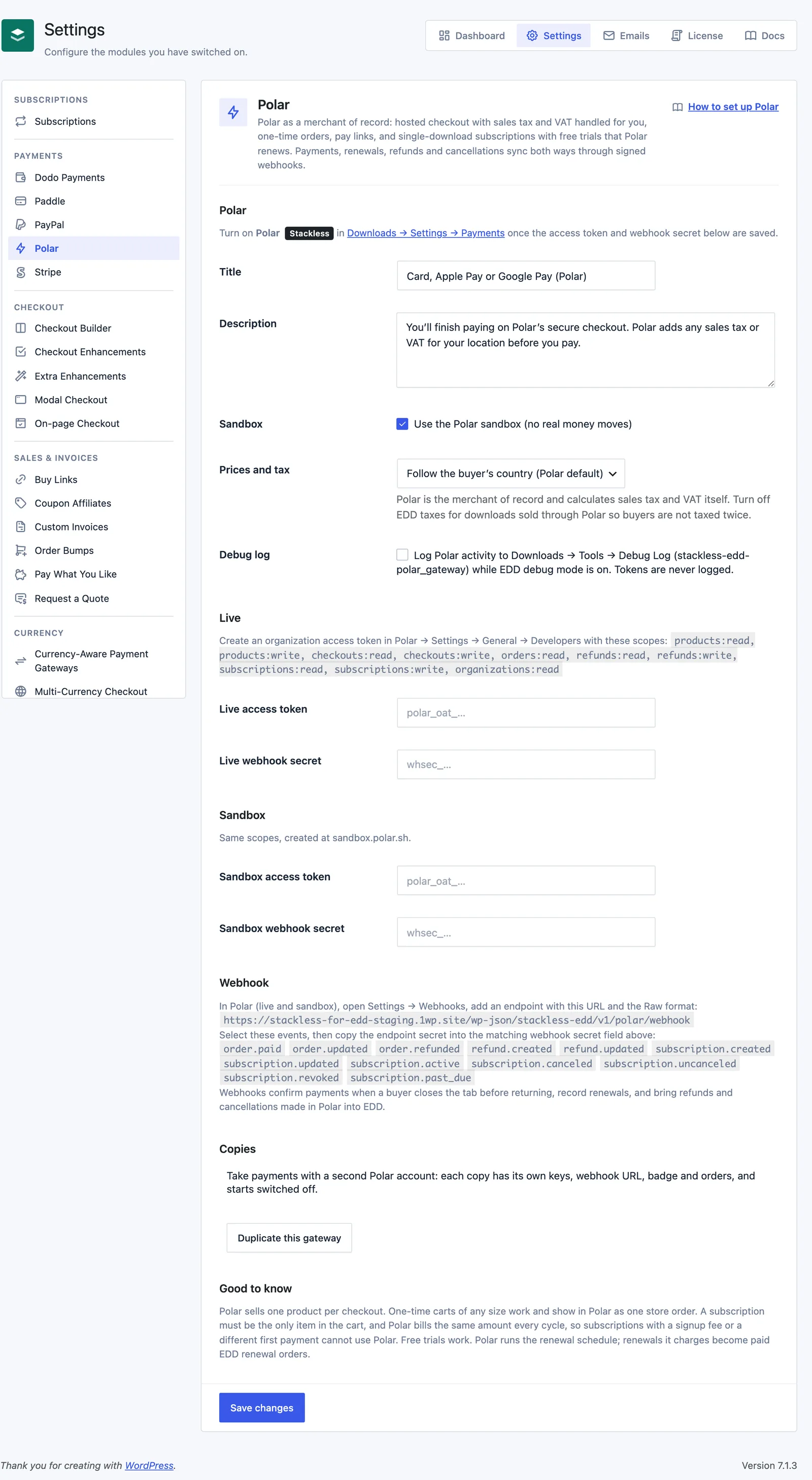The Polar settings screen in Stackless for EDD with the sandbox switch, Prices and tax choice, access tokens, webhook events and the Copies section.