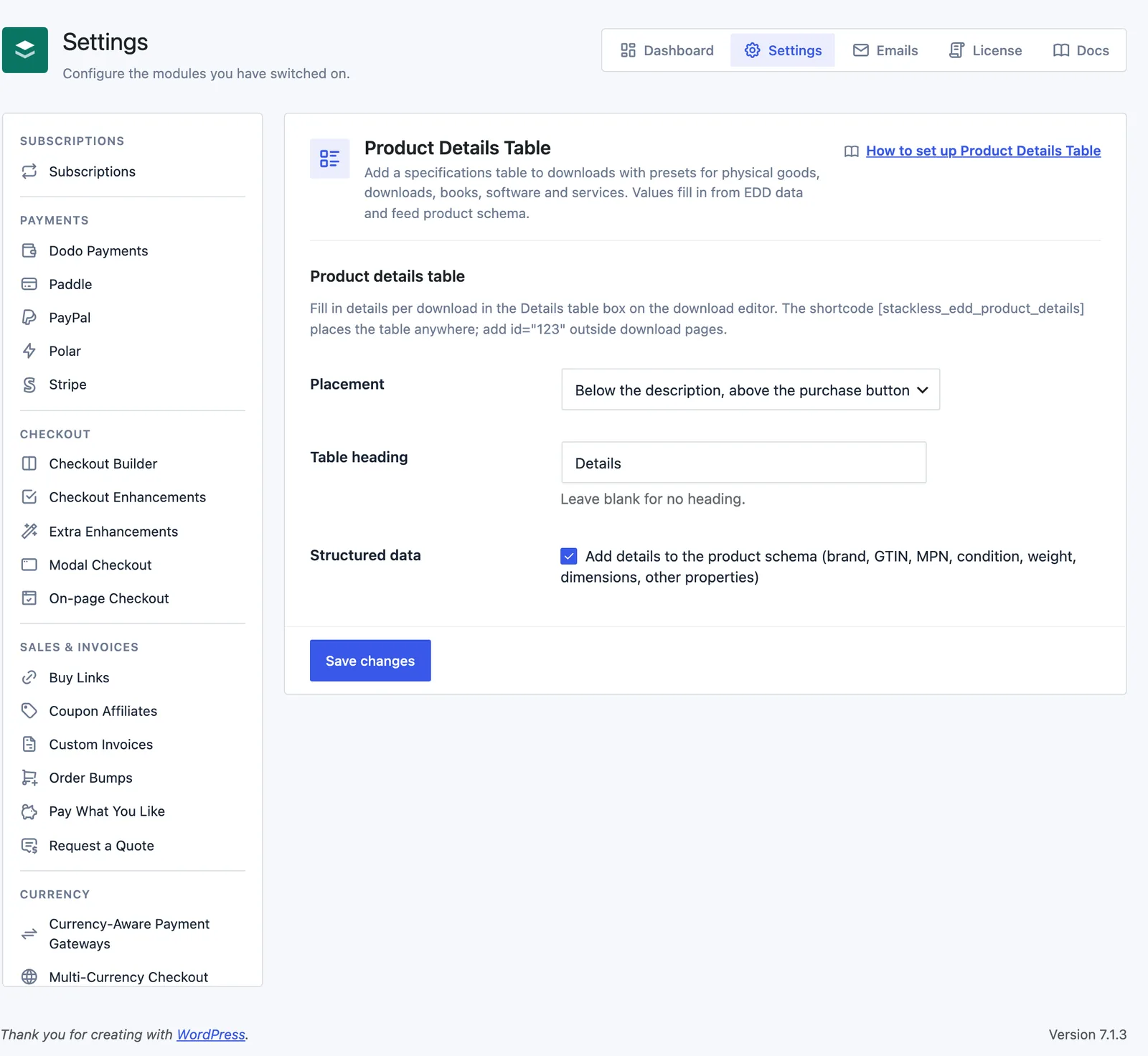 Product Details Table settings in Stackless for EDD with Placement set to below the description, the Table heading set to Details and Structured data ticked.