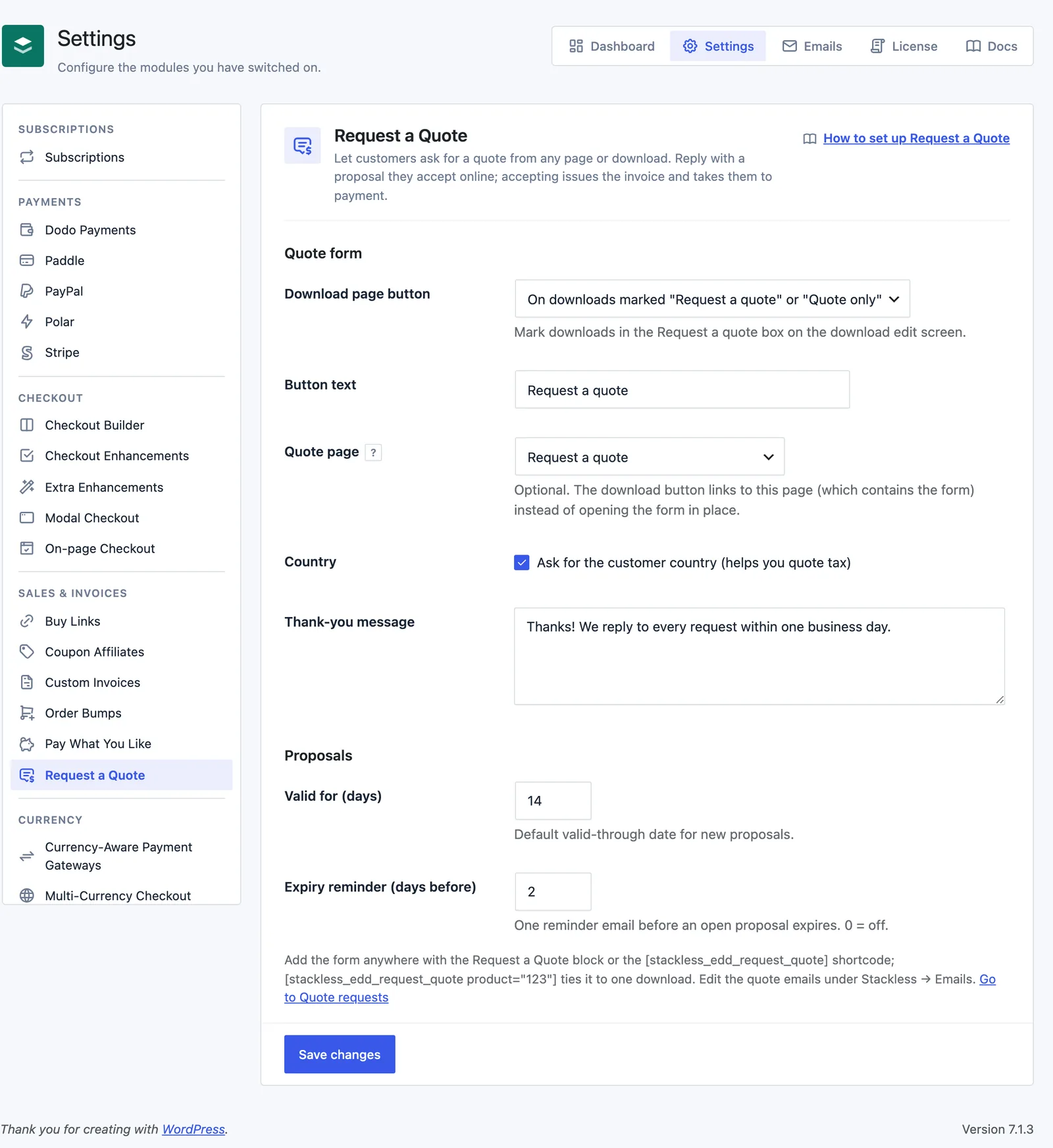 The Request a Quote settings screen in Stackless for EDD, with the Quote form and Proposals sections.