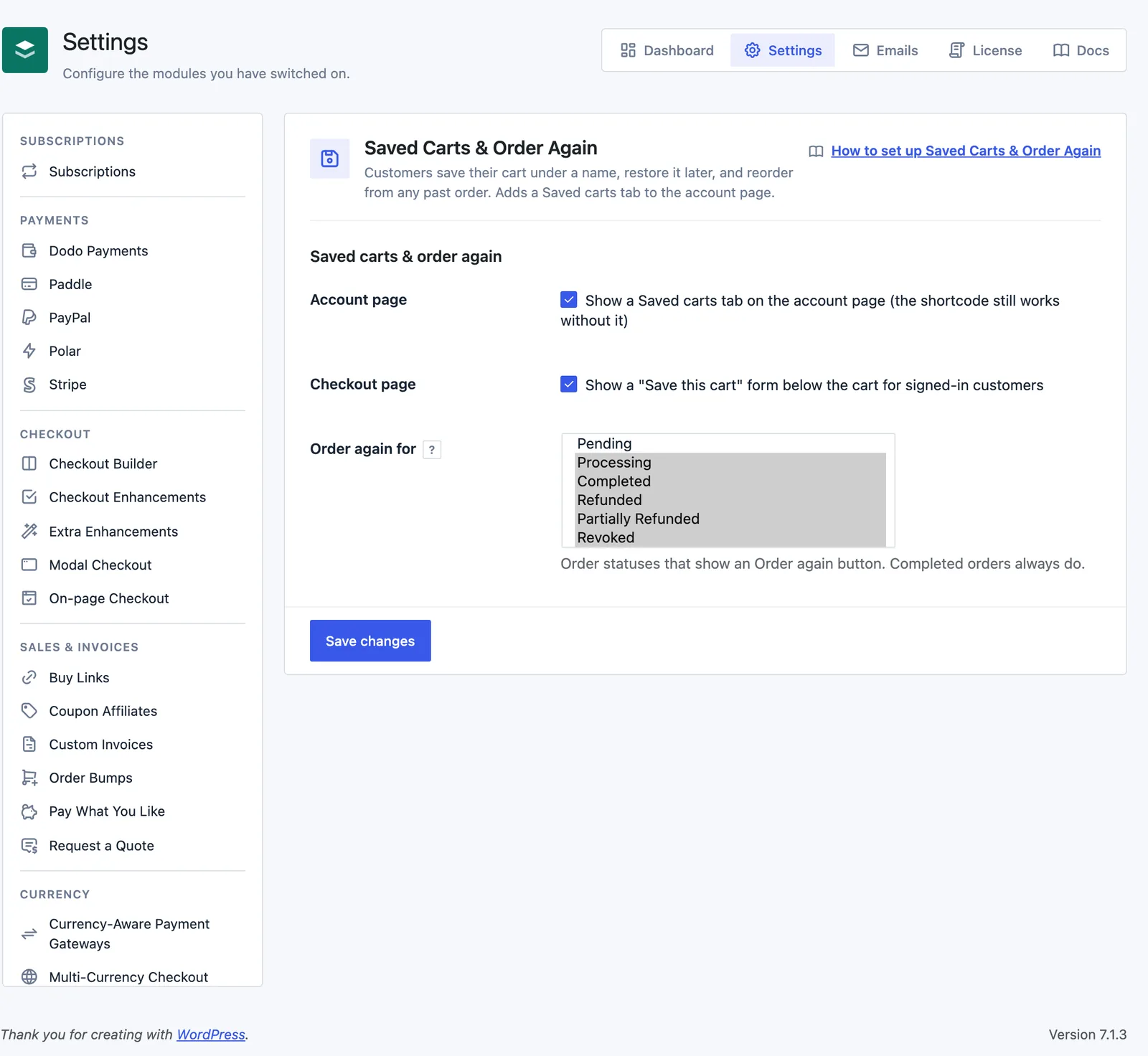 Stackless → Settings → Saved Carts & Order Again in Stackless for EDD, with the Account page and Checkout page checkboxes and the Order again for status list