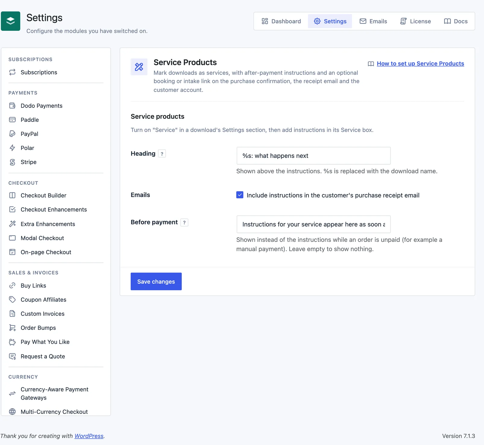 Stackless → Settings → Service Products in Stackless for EDD, with the Heading, Emails and Before payment settings