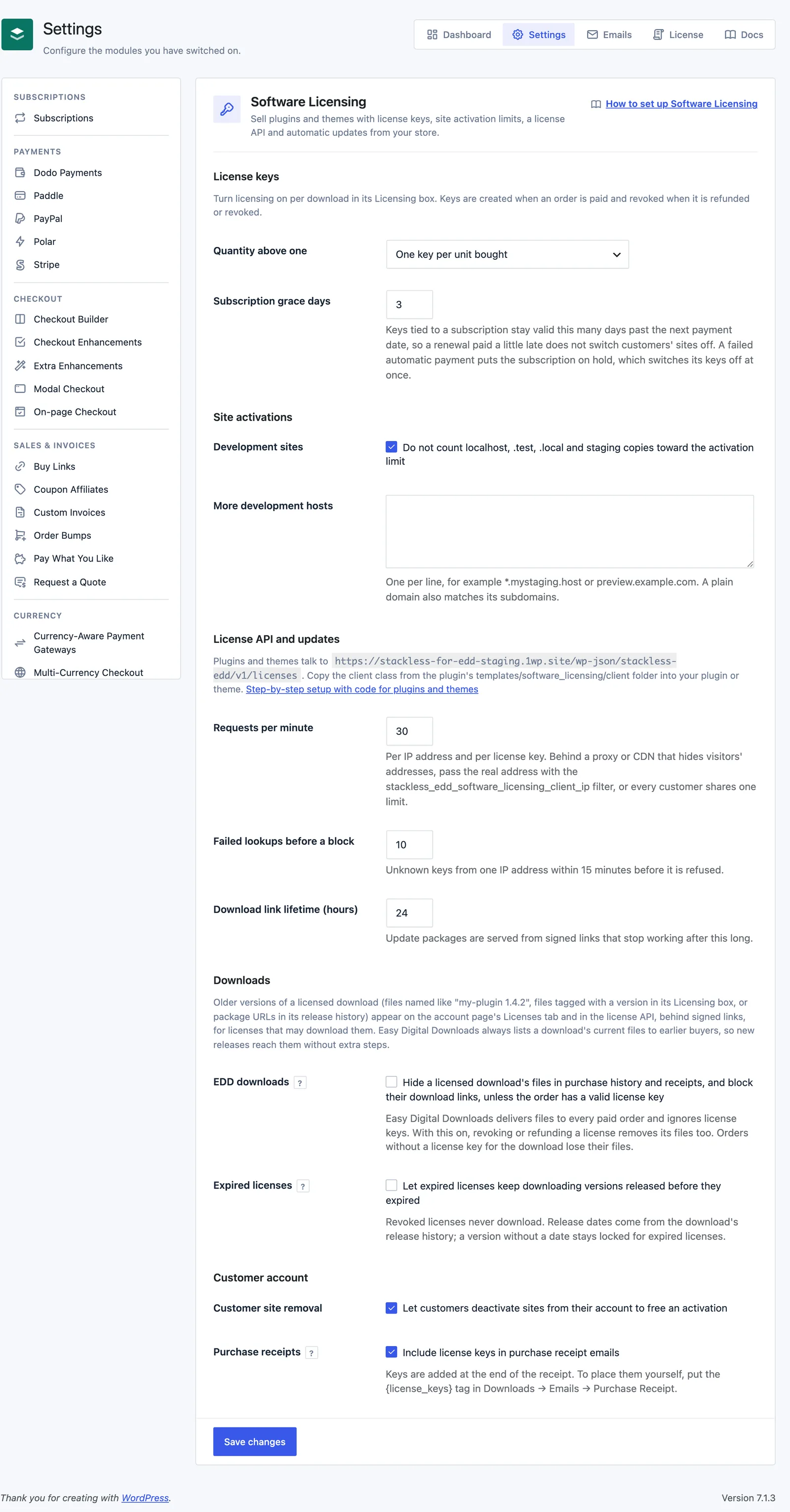 Stackless → Settings → Software Licensing in Stackless for EDD, showing the License keys, Site activations, License API and updates, Downloads and Customer account settings