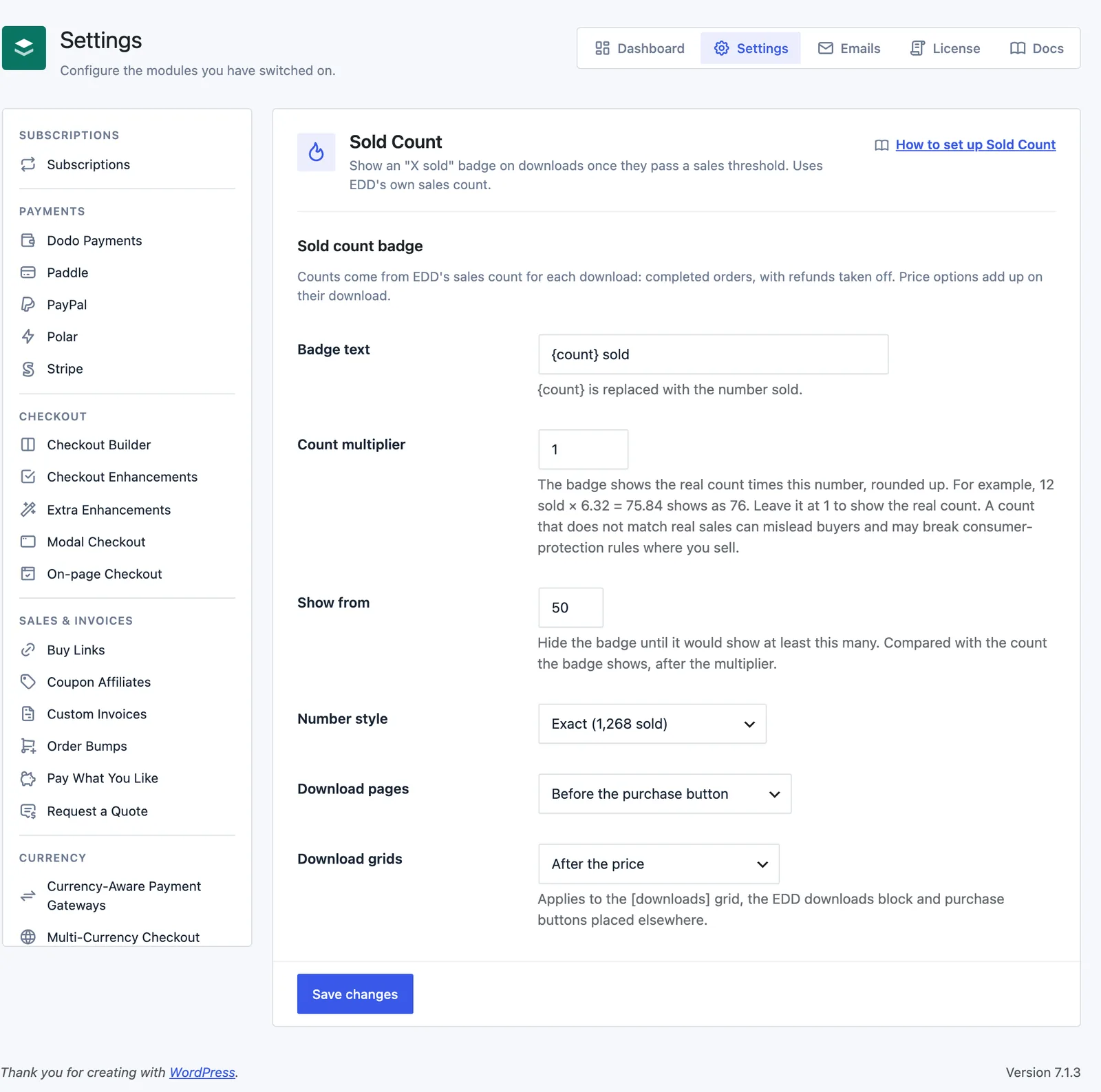 Sold Count settings in Stackless for EDD with the Badge text, Count multiplier, Show from, Number style and Download pages fields.