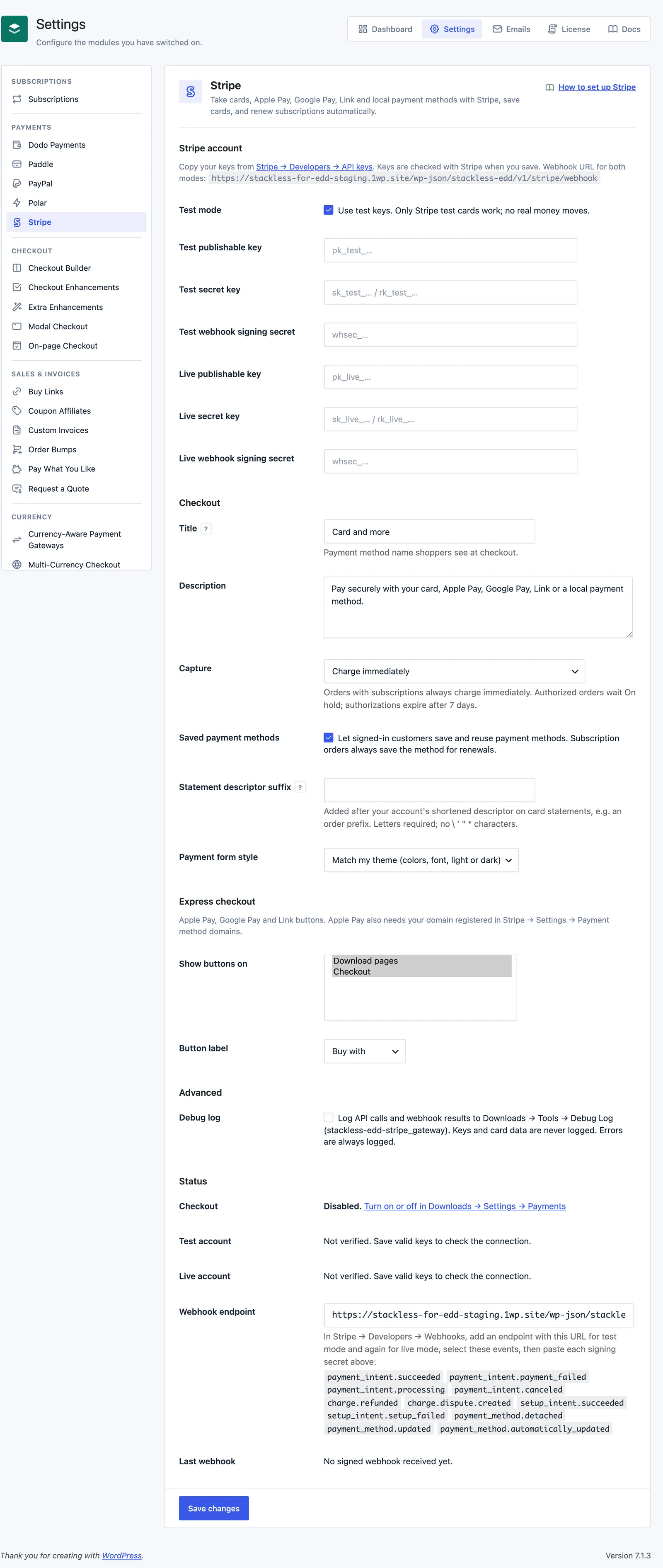 The Stripe settings screen in Stackless for EDD with test and live API keys, checkout options, express checkout buttons and the Status panel.
