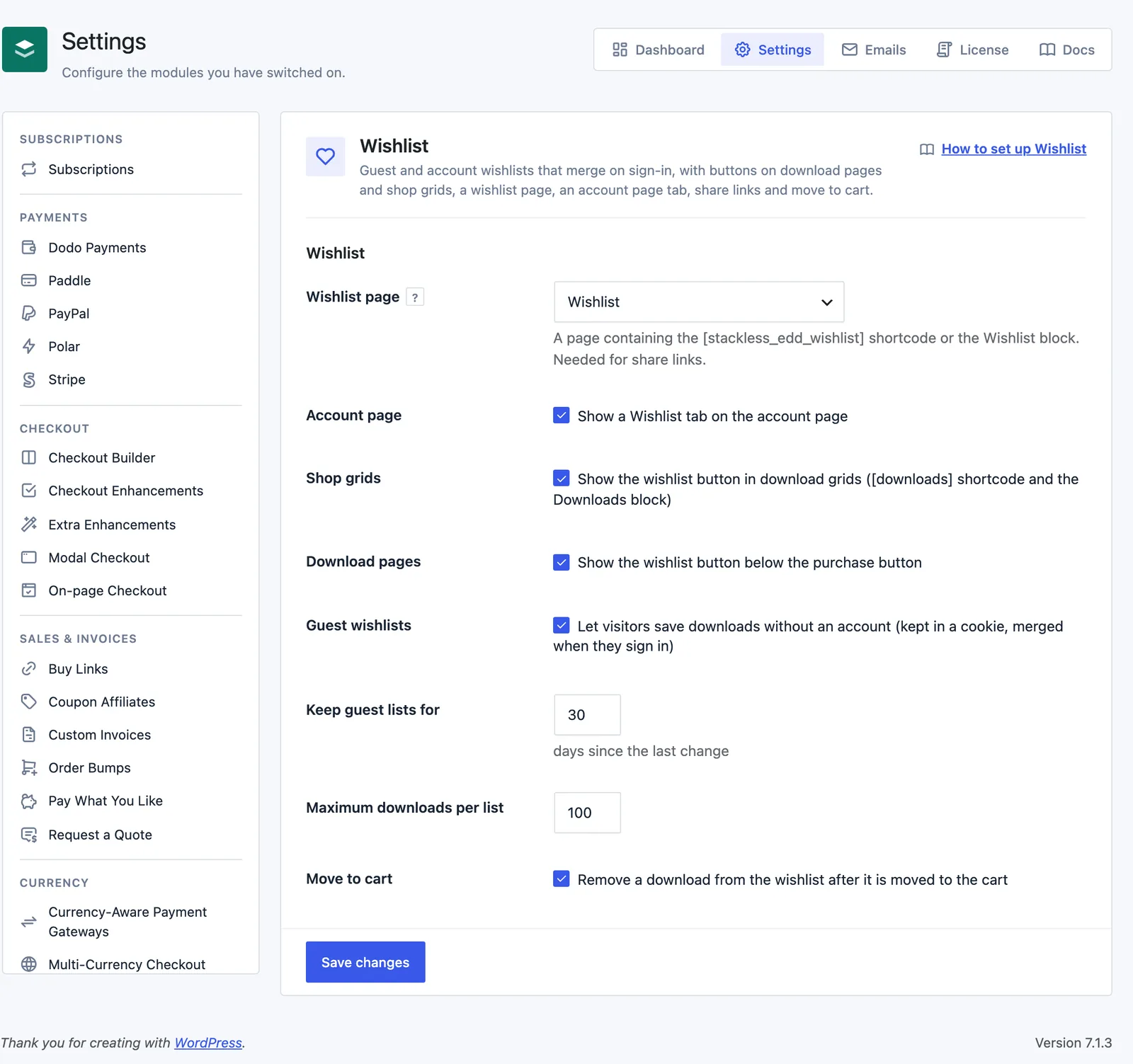 Stackless → Settings → Wishlist in Stackless for EDD, with the Wishlist page, Account page, Shop grids, Download pages, Guest wishlists, Keep guest lists for and Maximum downloads per list settings