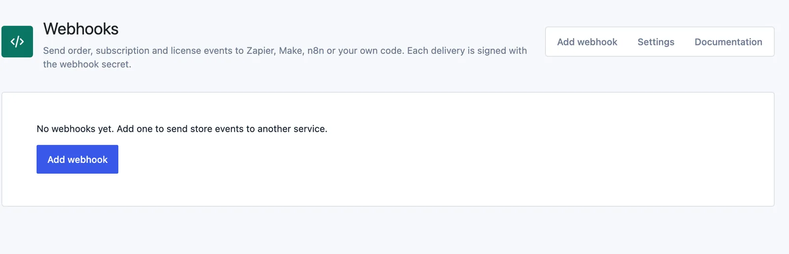 The empty Stackless → Webhooks screen in Stackless for EDD with an Add webhook button and links to Settings and Documentation