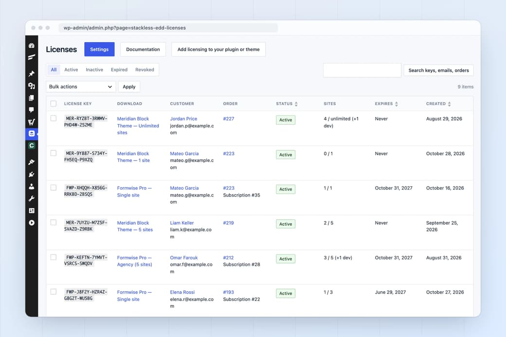 Stackless for EDD licenses list with license keys, downloads, customers, orders, site activations against limits and expiry dates