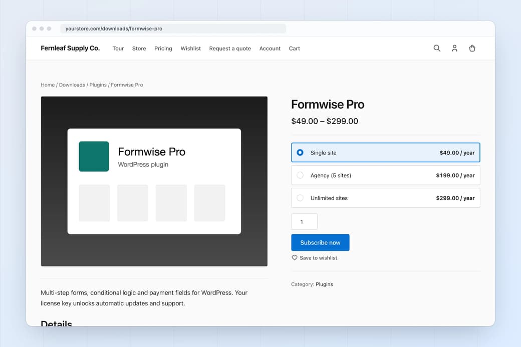 Download page for a WordPress plugin with single site, agency and unlimited site price options and a Subscribe now button