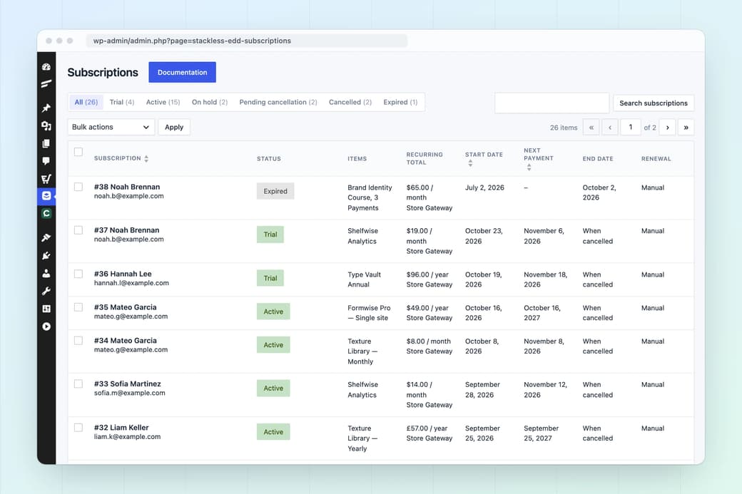 Stackless for EDD subscriptions list with trial, active and expired subscriptions, recurring totals and next payment dates