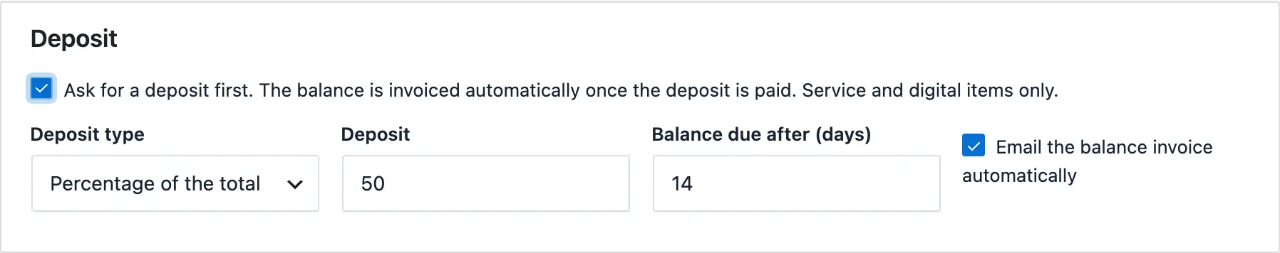 Stackless invoice editor with the deposit option set to a percentage of the total and the balance due after 14 days