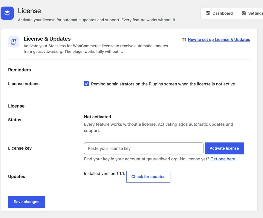 A license activation screen in WordPress admin: status Not activated, a License key field with an Activate license button, and a Check for updates button