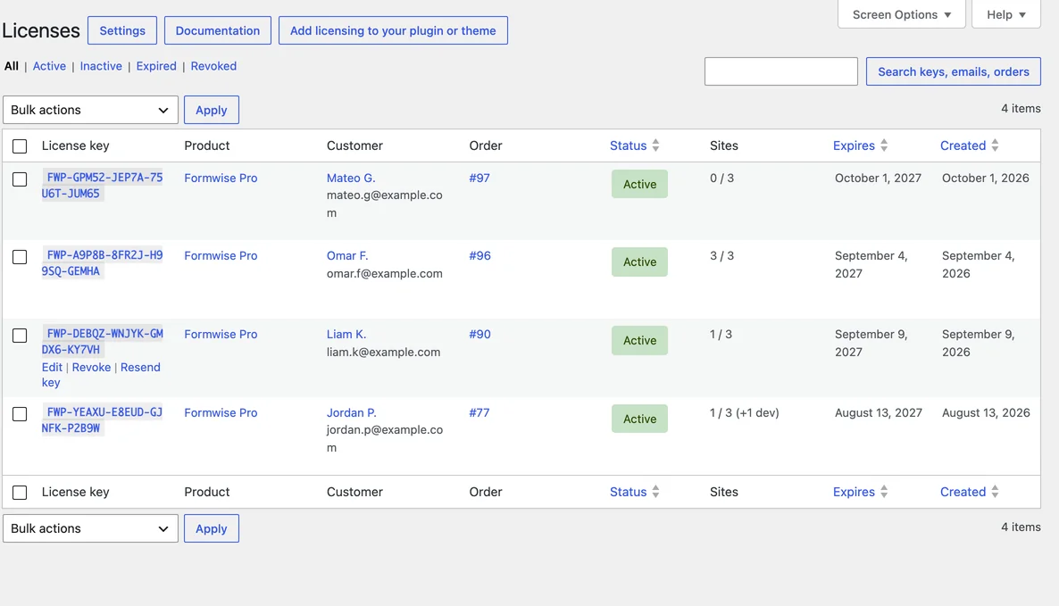 Stackless Licenses screen listing four license keys for Formwise Pro with customer, order, Active status, sites used against the limit of 3 and expiry dates