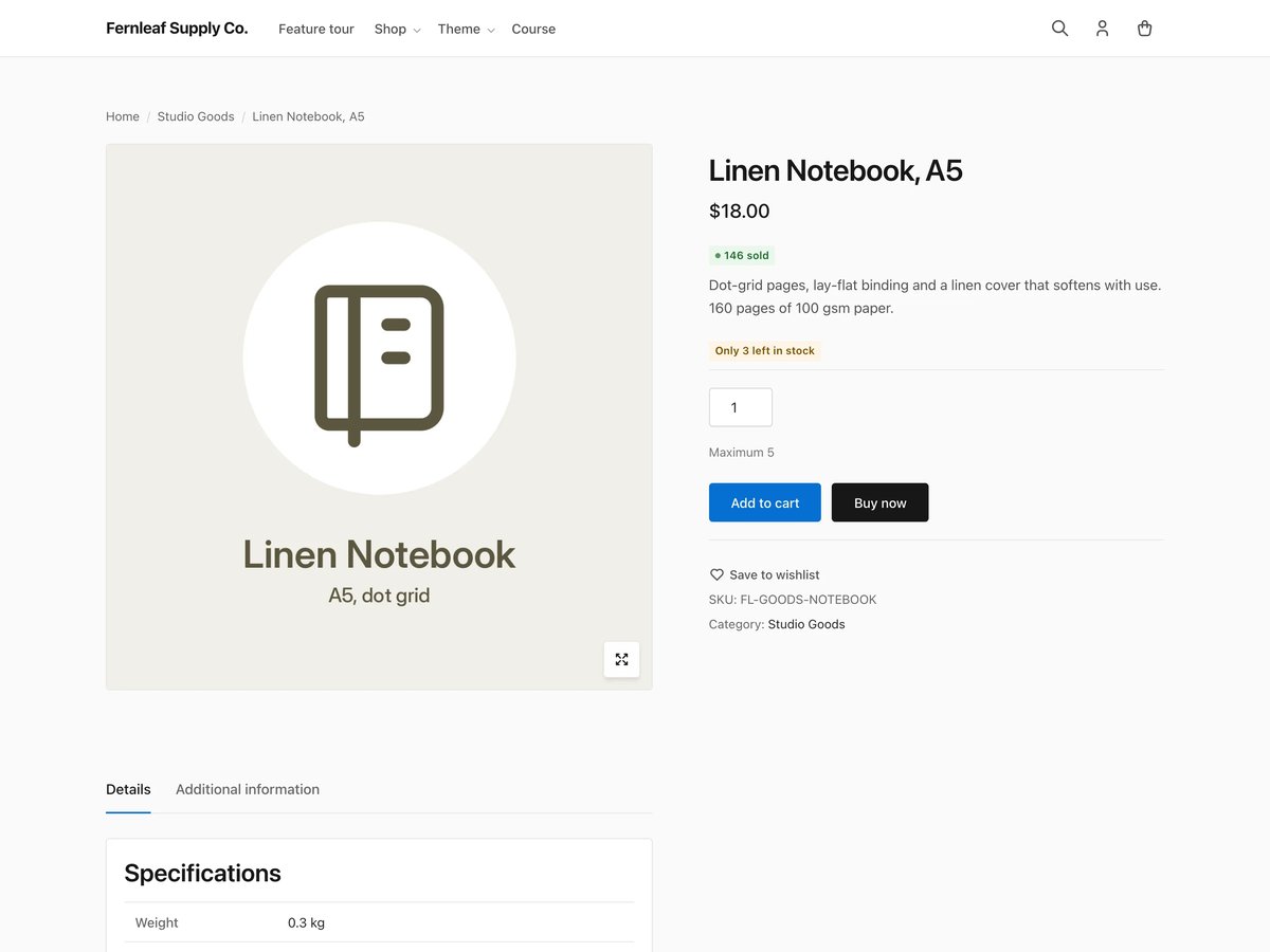 A WooCommerce product page with a 146 sold badge, an Only 3 left in stock label, a maximum quantity of 5, Add to cart and Buy now buttons and a Save to wishlist link