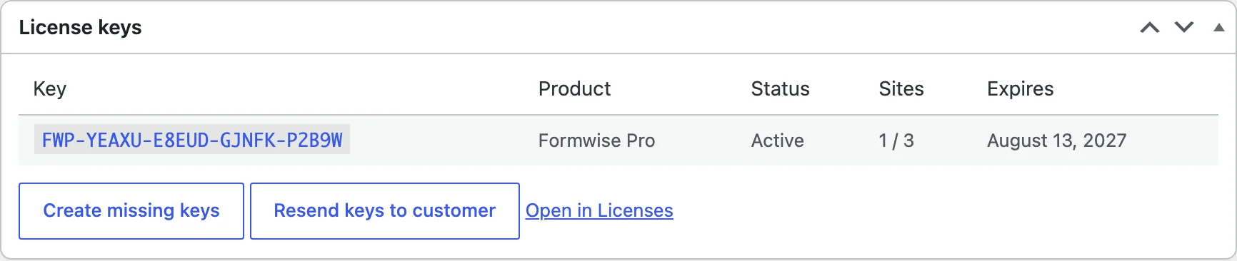 The License keys box on a WooCommerce order with the key, create missing keys, resend keys and open in Licenses actions