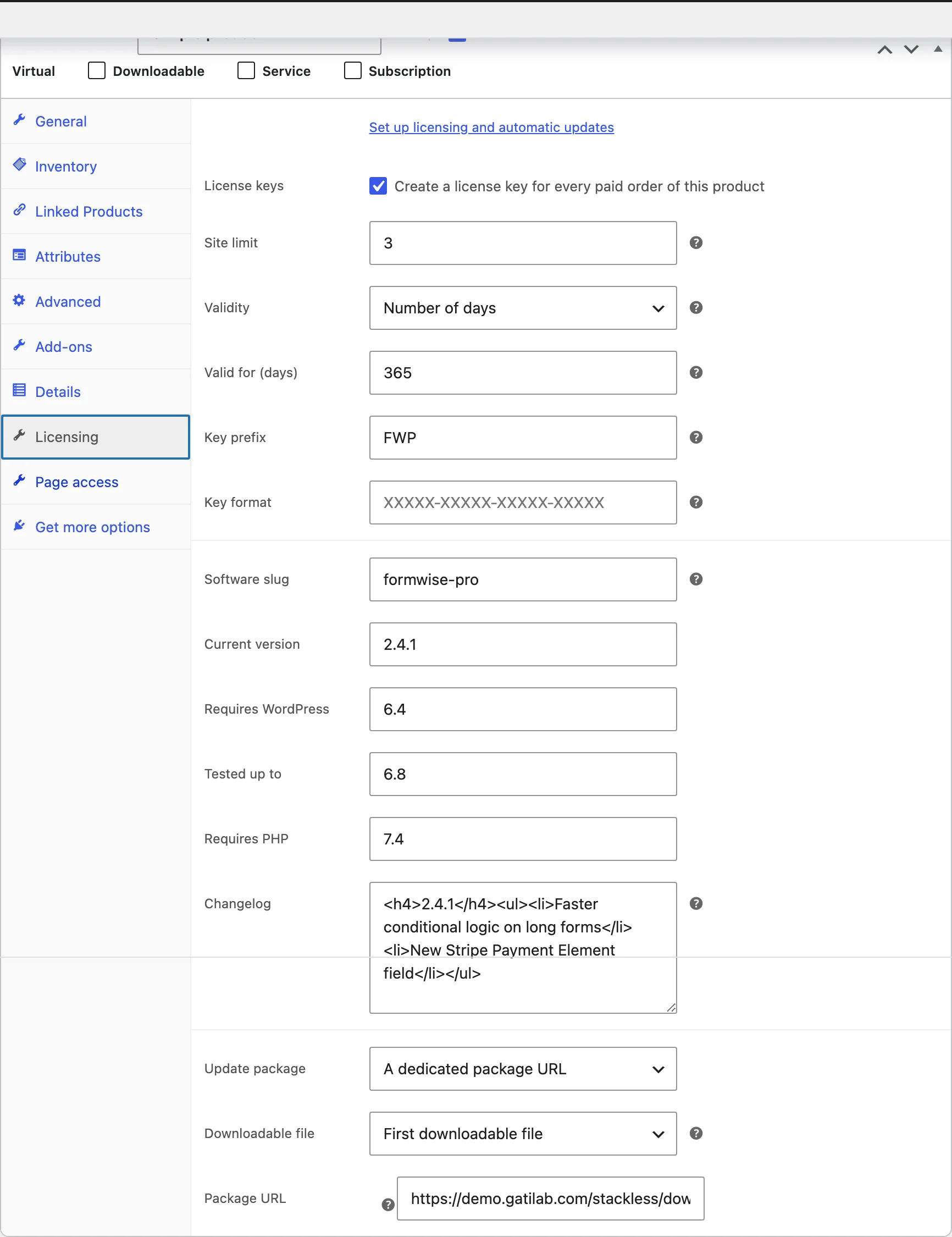 WooCommerce product data Licensing tab in Stackless: license keys on, site limit 3, validity in days, key prefix FWP, software slug, current version, changelog and update package fields