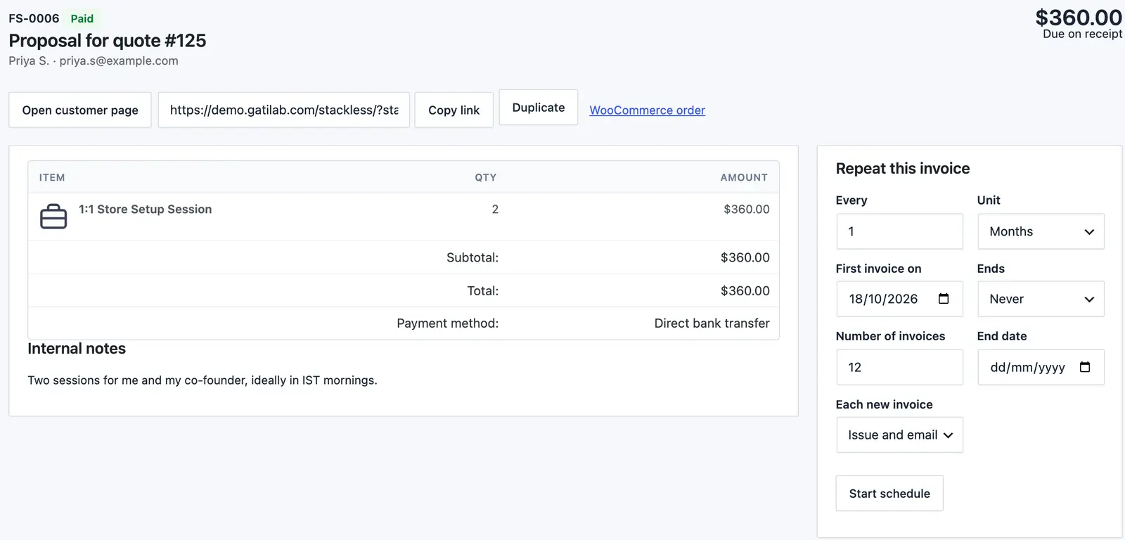 Stackless recurring invoice schedule panel with the repeat interval, first invoice date, end rule and whether each new invoice is emailed or kept as a draft