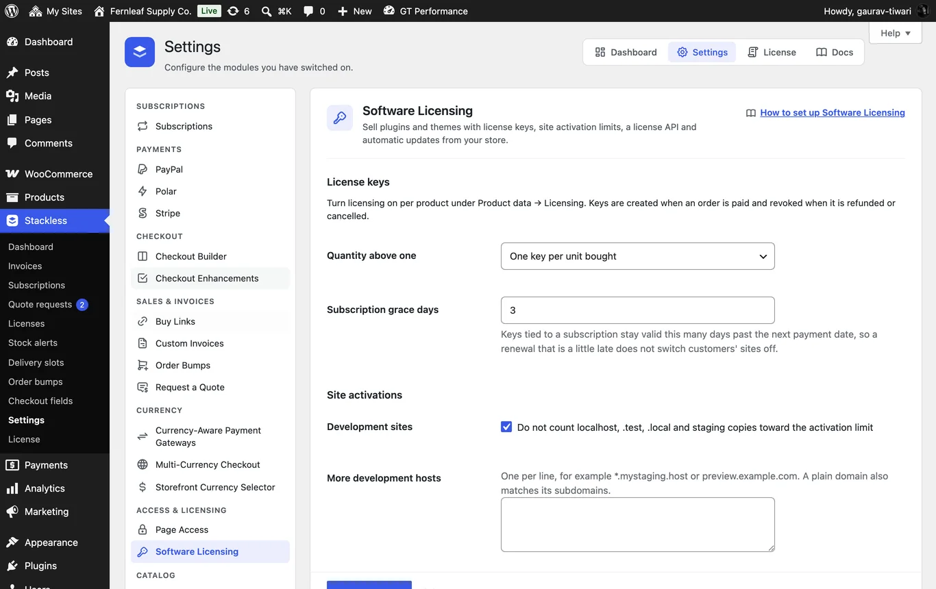 Stackless Software Licensing settings: quantity above one, subscription grace days, development sites and extra development hosts