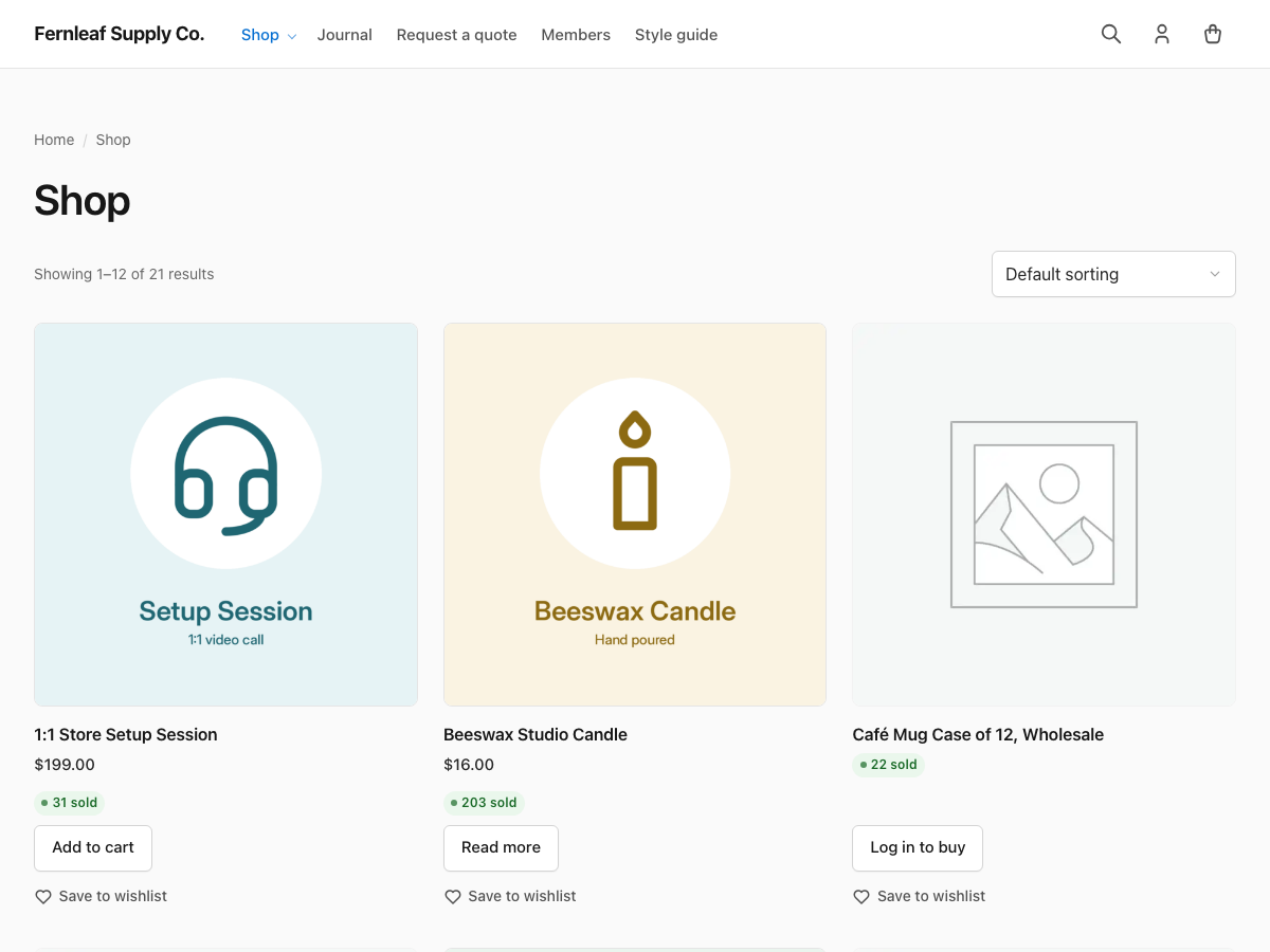 The Stackless theme shop page: product grid with sold-count badges, Add to cart buttons and Save to wishlist links