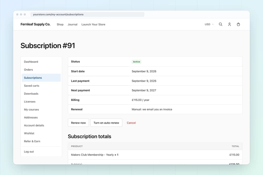 Customer My Account subscription page with status, dates, billing, renewal mode, Renew now, Turn on auto-renew and Cancel actions