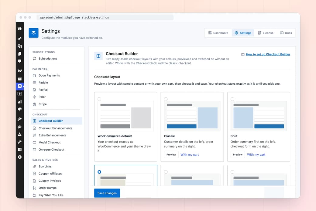 Stackless Checkout Builder settings with a gallery of checkout layouts and previews
