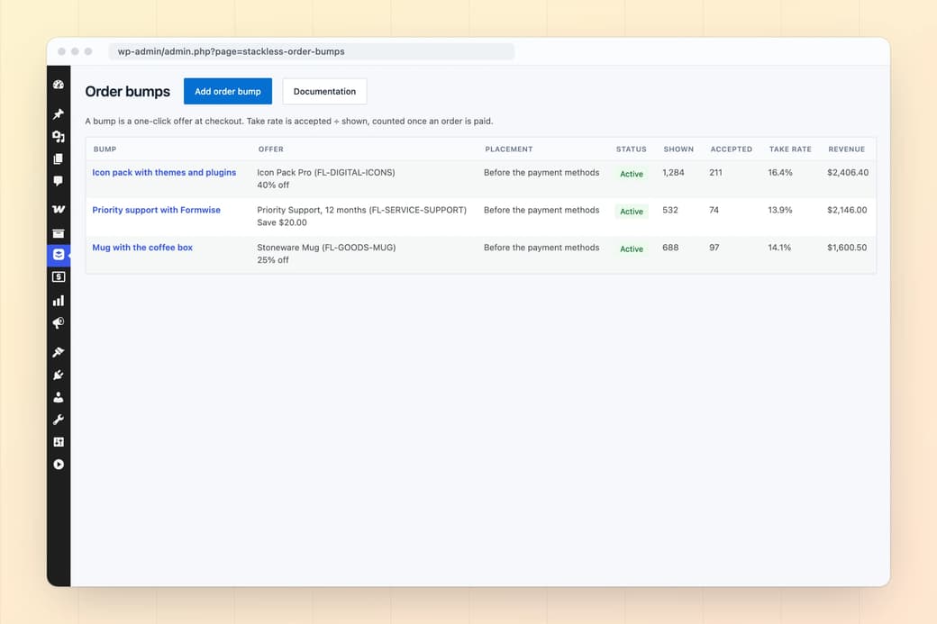 Stackless order bumps list showing offers, placement, times shown, accepted, take rate and revenue