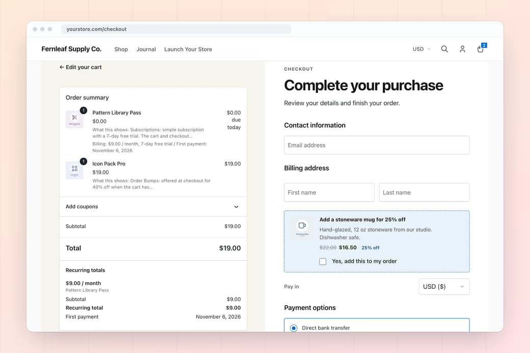 WooCommerce block checkout with a trial subscription and a one-time product in the order summary, recurring totals, an order bump and a billing form