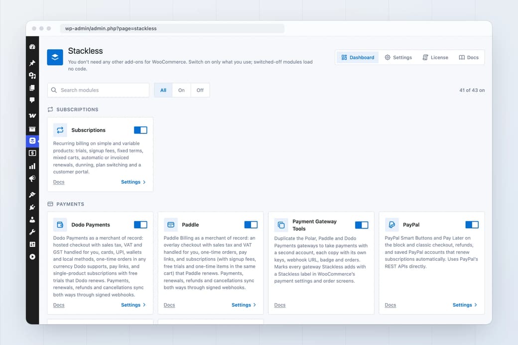 Stackless dashboard in WordPress admin with a module search, On and Off filters and cards for Subscriptions, Dodo Payments, Paddle, Payment Gateway Tools and PayPal, each with a switch
