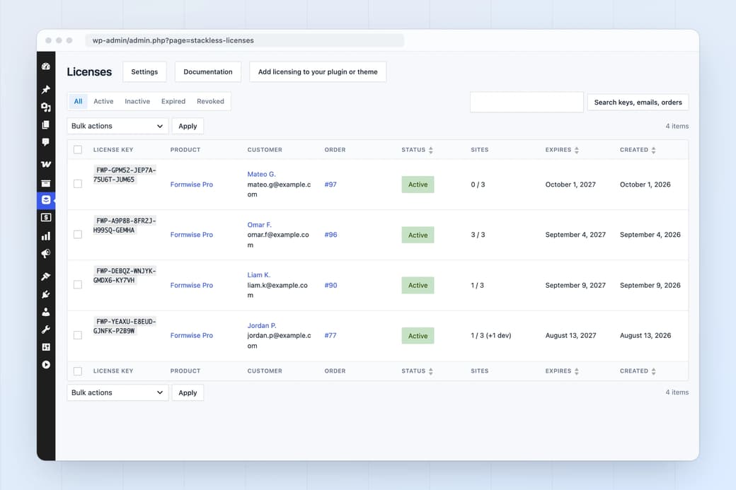 Stackless licenses list with license keys, products, customers, orders, site activations against limits and expiry dates
