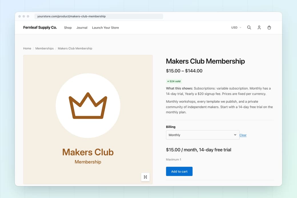 Product page for a membership with a monthly billing choice, a 14-day free trial, a sold count badge and an Add to cart button