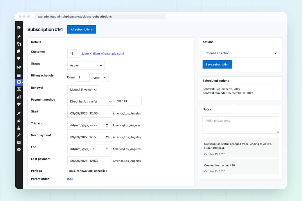 Stackless subscription edit screen with customer, status, billing schedule, renewal mode, dates, actions and scheduled actions